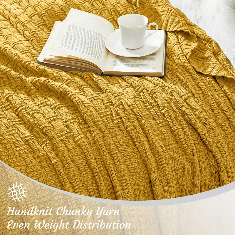 TREELY 100% Cotton Knitted Throw Blanket Couch Cover Blanket(50 x 60 Inches, Mustard Yellow) - Image 5